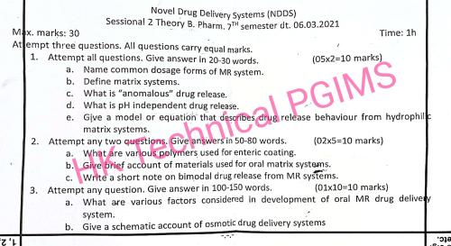 2nd sessional Novel Drug DS 7th Semester B.Pharmacy Previous Year's Question Paper,BP704T Novel Drug Delivery System,BPharmacy,BPharm 7th Semester,Previous Year's Question Papers,